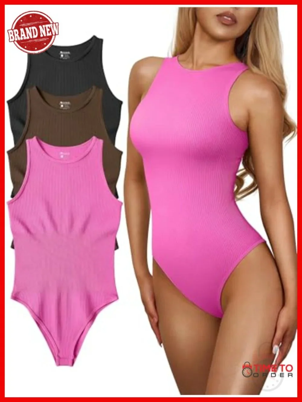 3 Pack Ribbed Bodysuits Halter Neck Sleeveless Leotard Tops Shapewear